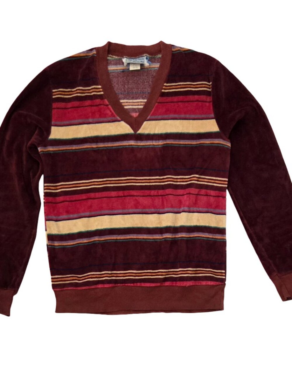 Vintage 70s The Wild Bunch Womens M Sweater Velour Striped Retro Hippie V-Neck